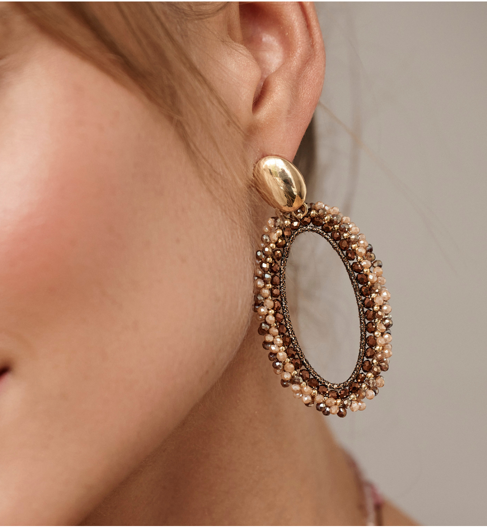 Chocolate Brown and Gold Beige Flower Crystal Earrings