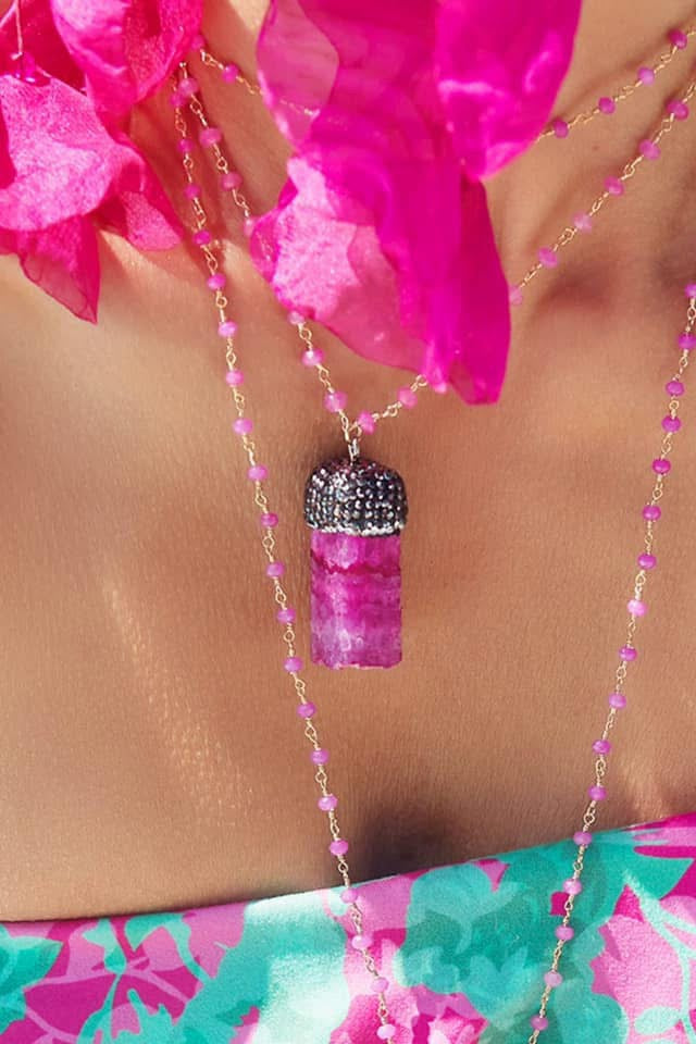 Pink Beaded Necklace with Pink Stone Pendant and Silver Crystals