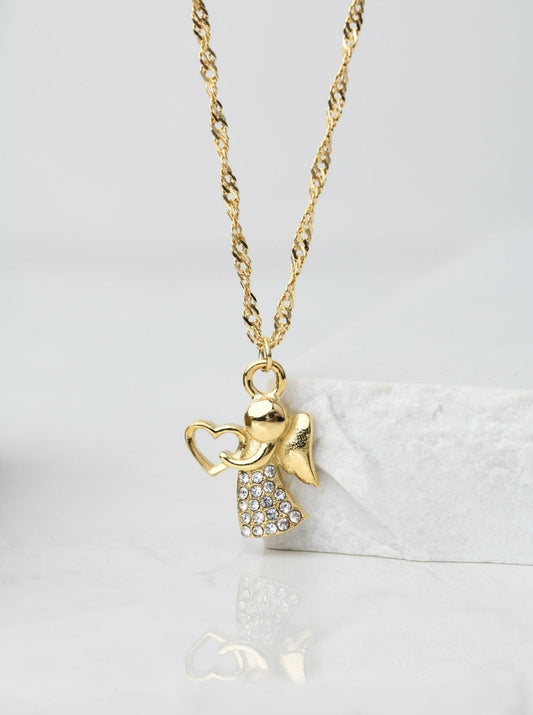 14k Gold Plated Zirconium Angel with Heart Necklace