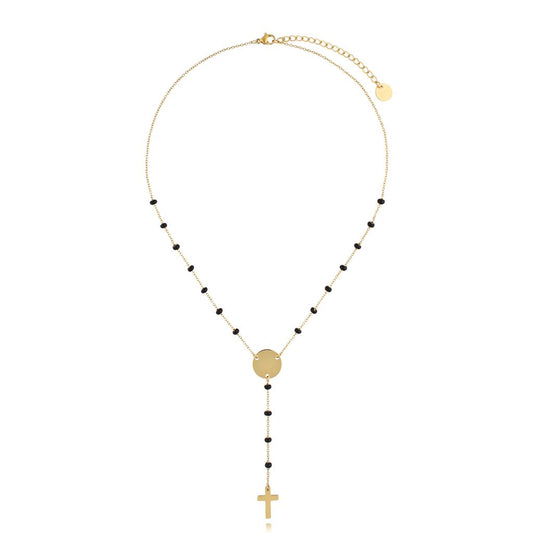 Gold Plated Black Beads Rosary Cross Necklace