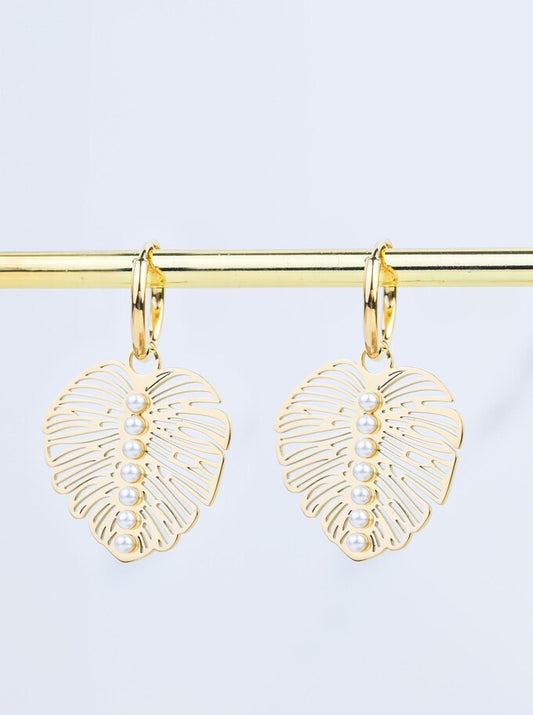 14k Gold Plated Monstera Leaf Earrings with Pearls
