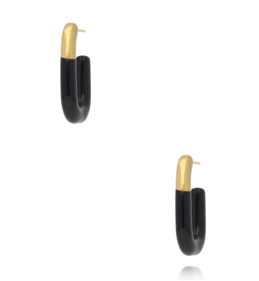 Gold Plated Oval Earrings with Black Enamel