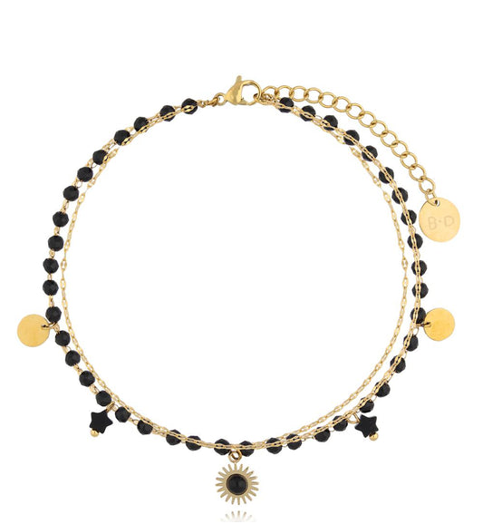 Gold Plated Triple Chin Anklet with Black Crystals and Sun Pendant Maya