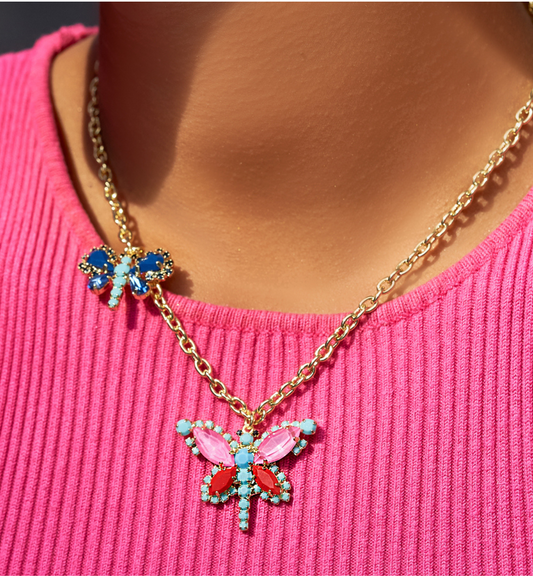 Pink and Blue Crystals Necklace Butterfly