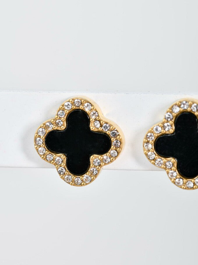 14k Gold Plated Crystal Clover With Black Enamel Stud Earrings