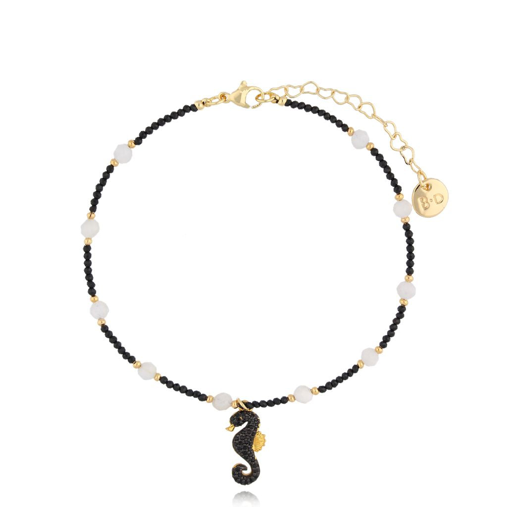 Black and Gray Natural Stones Anklet with Crystal Seahorse Pendant