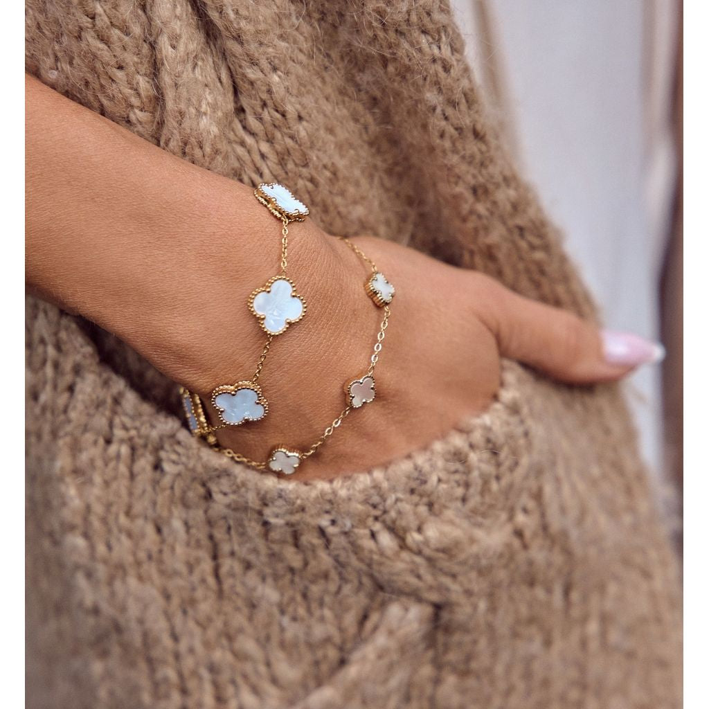 Gold Plated Bracelet with Large White Pearl Clovers