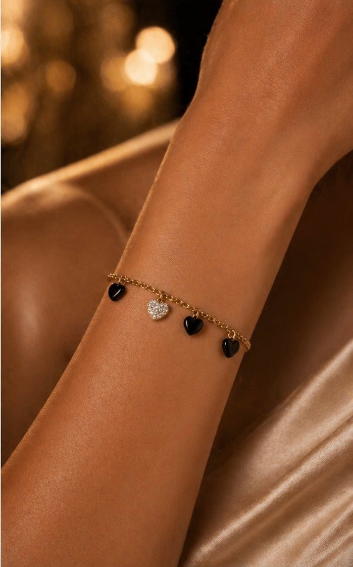 14k Gold Plated Bracelet with Black & Crystal Hearts