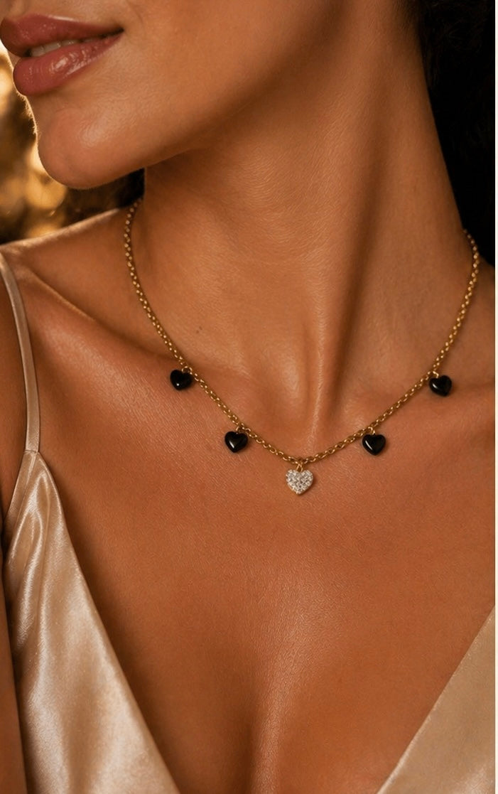 14k Gold Plated Necklace with Black & Crystal Hearts