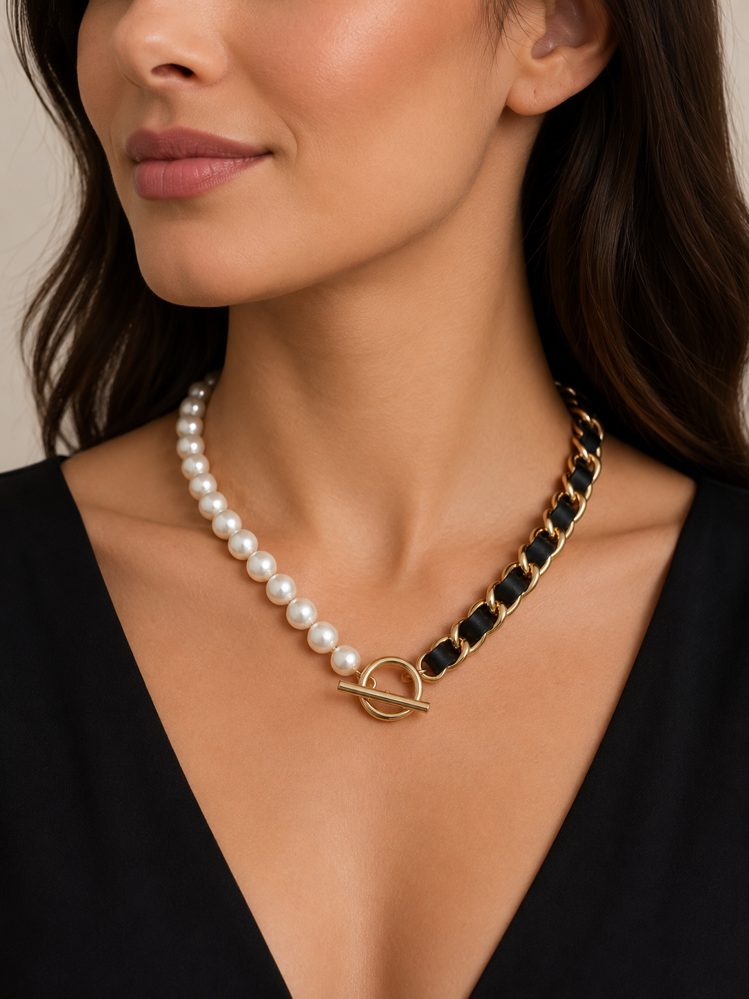 Elegant Neckline Necklace Made of Glass Pearls and Eco-Leather Chain