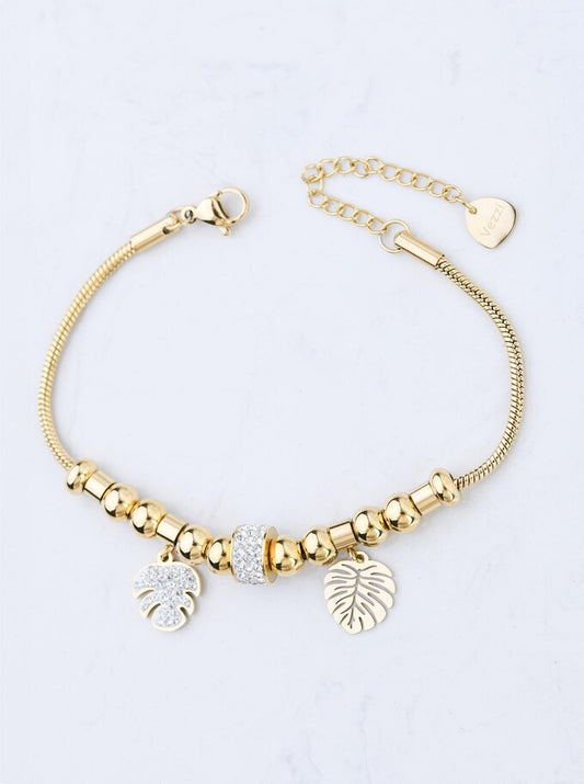 14k Gold Plated Statement Bracelet with Crystal Charm and Monstera Pendants