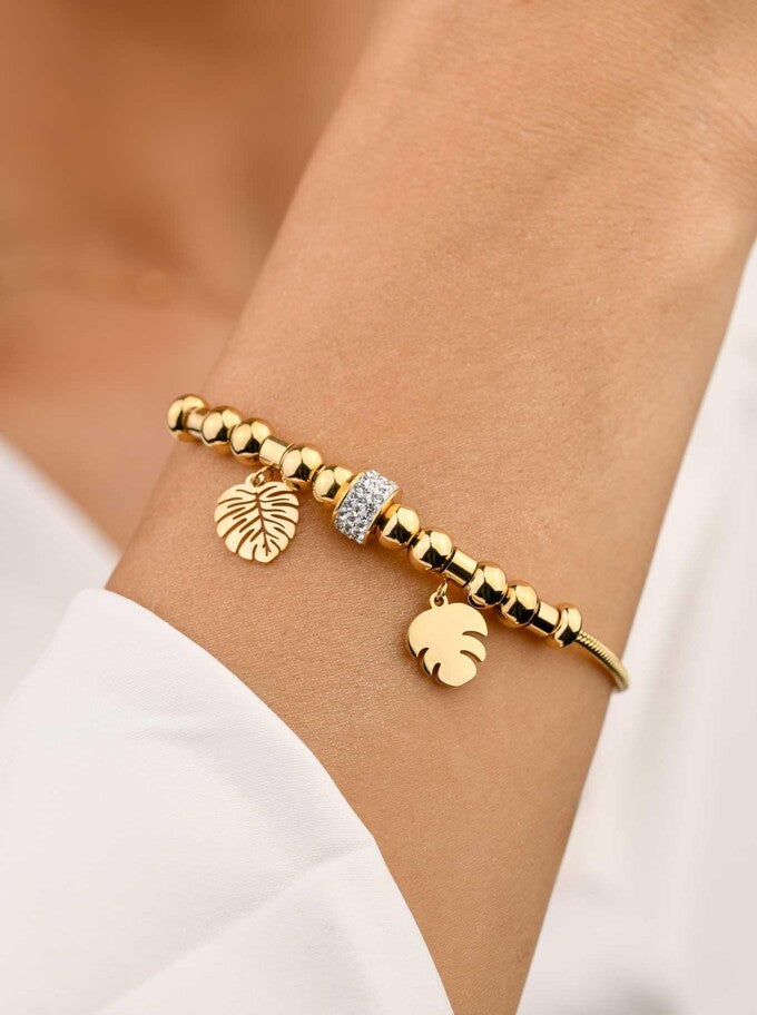 14k Gold Plated Statement Bracelet with Crystal Charm and Monstera Pendants