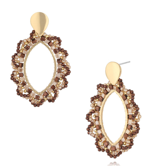 Chocolate Brown and Gold Beige Flower Crystal Earrings