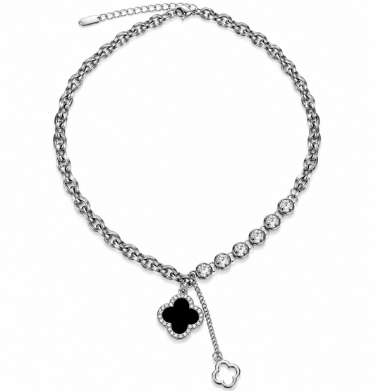 Maison de Luxe Silver Necklace with Black Crystal Clover Pendant