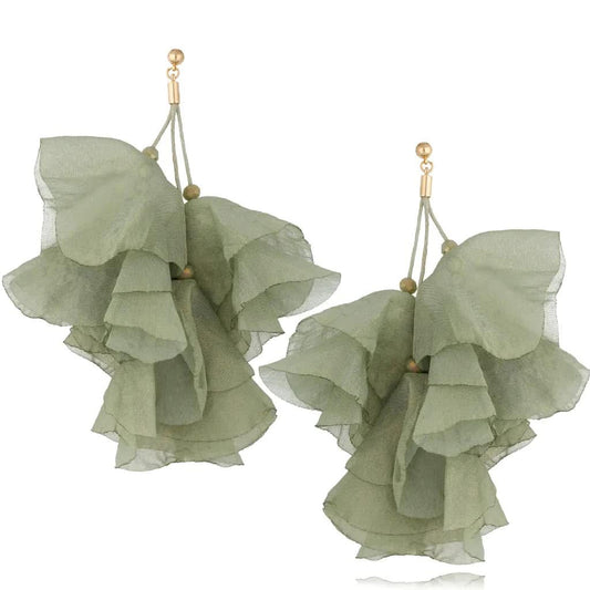 Multi Layer Silk Flower Earrings in Olive Green with Gold Shimmer