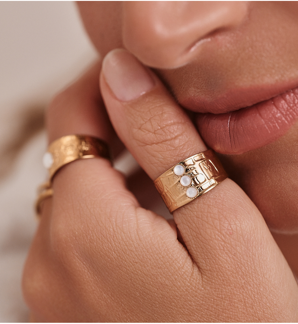Gold Plated Cuff Ring with Three Pearl Stones 0035
