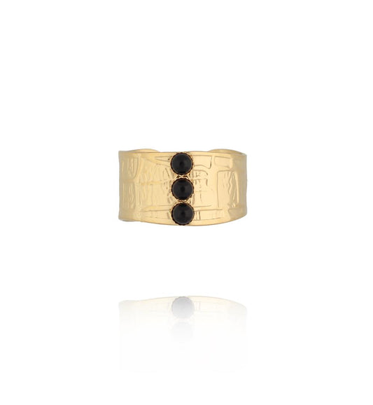 Gold Plated Adjustable Cuff Ring with Black Agate Stone 0039
