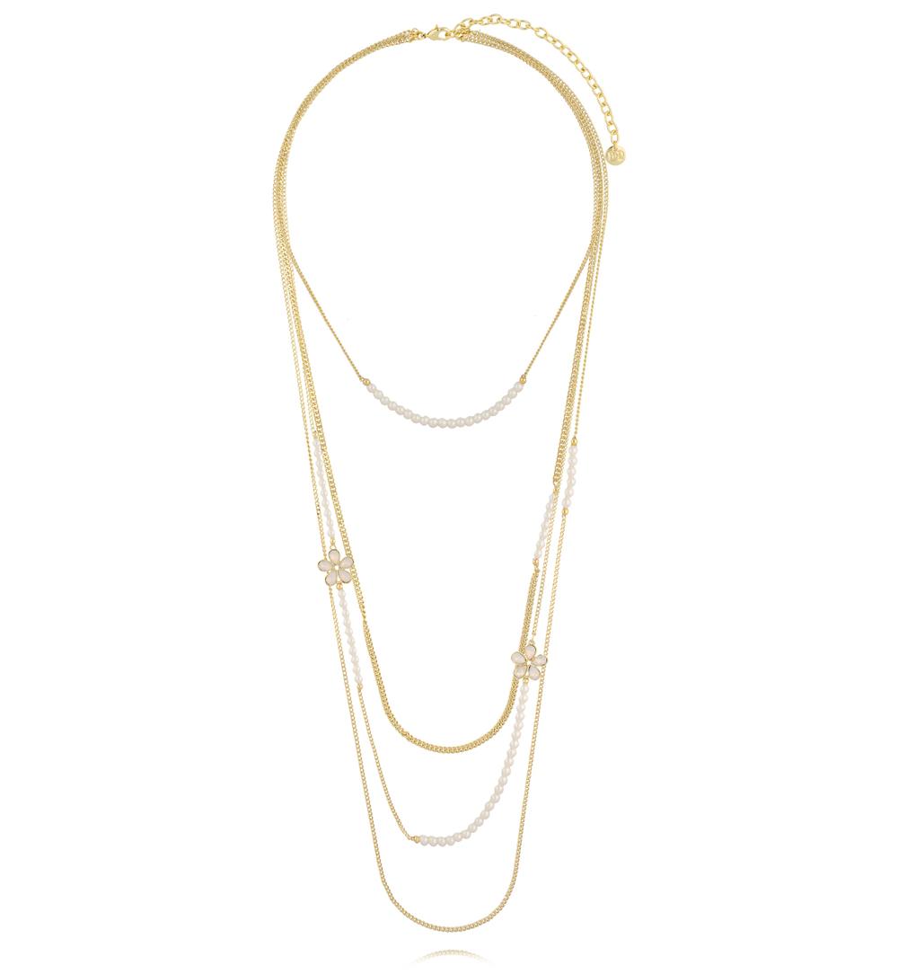 Multi Layers Necklace with Pearls and White Milk Crystal Flowers