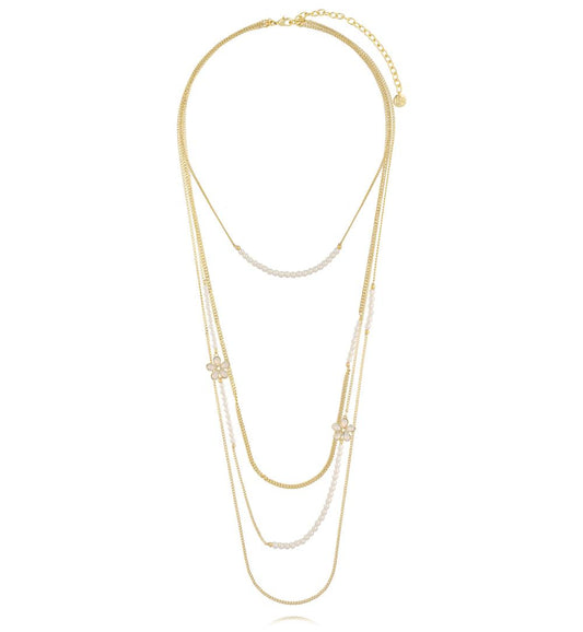 Multi Layers Necklace with Pearls and White Milk Crystal Flowers