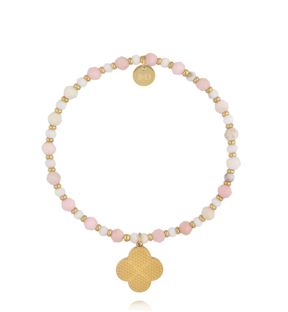 Pink Opal Stones Bracelet with Gold Clover 3672
