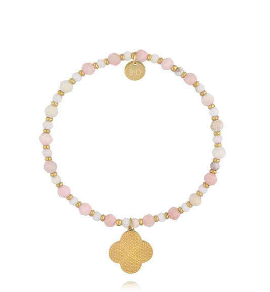 Pink Opal Stones Bracelet with Gold Clover 3672