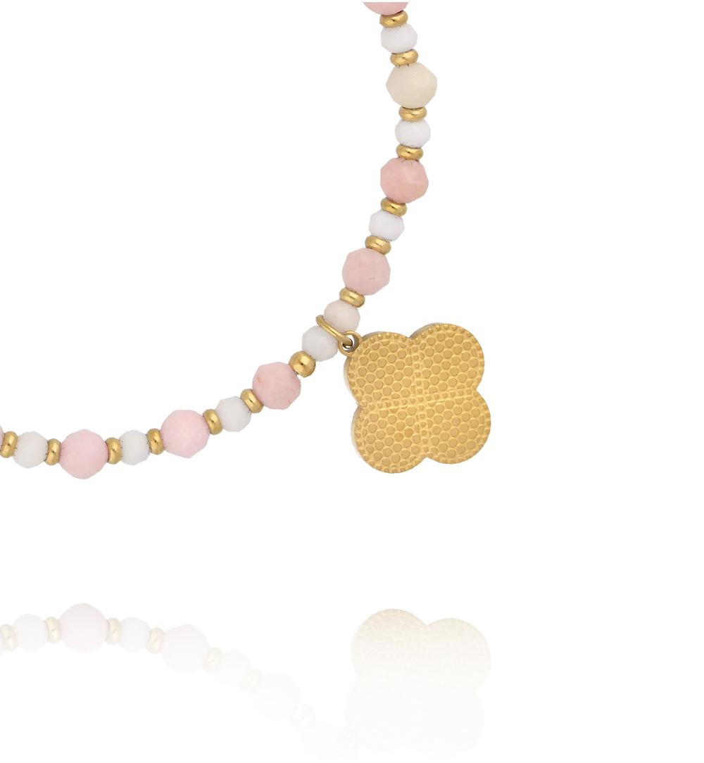 Pink Opal Stones Bracelet with Gold Clover 3672