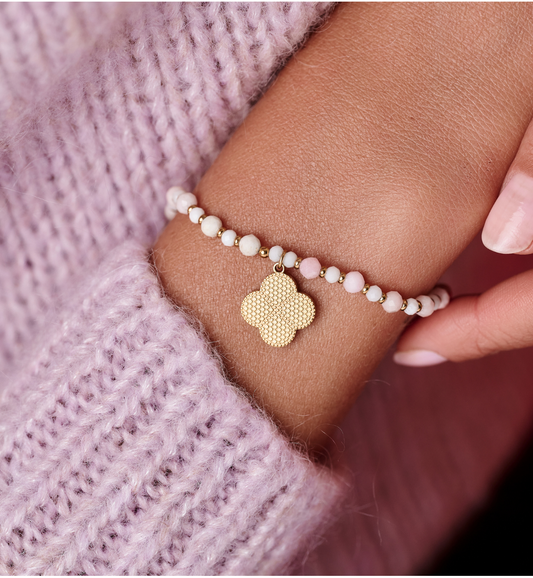Pink Opal Stones Bracelet with Gold Clover 3672