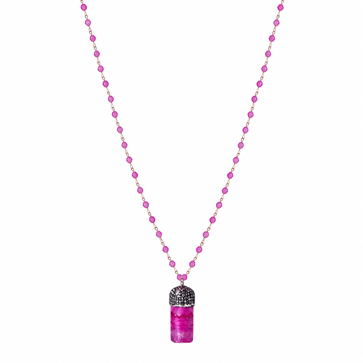 Pink Beaded Necklace with Pink Stone Pendant and Silver Crystals