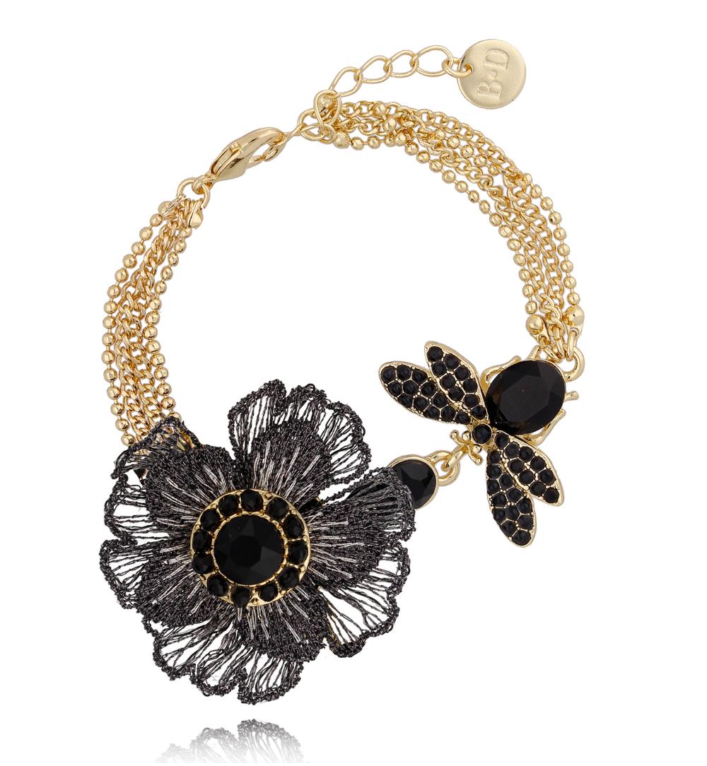 Multi Chain Bracelet with Black Flower and Crystal Dragonfly 0120