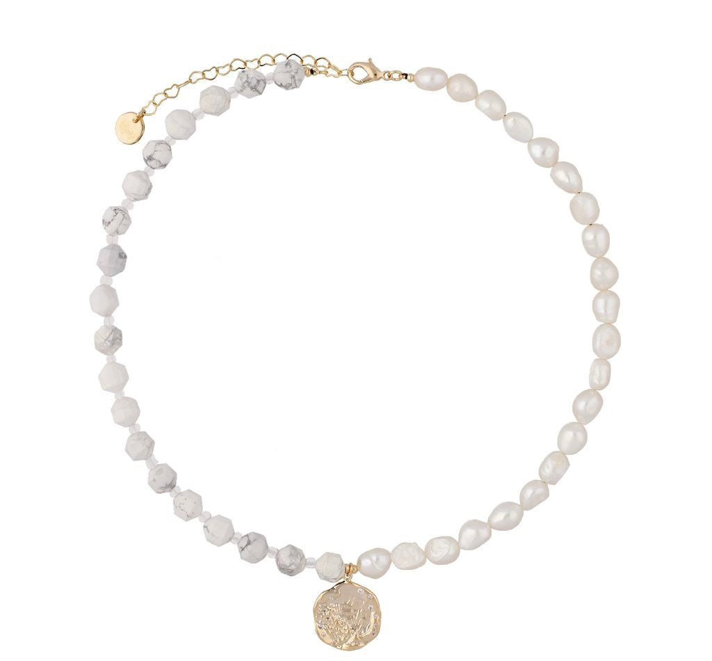 Marble Stone and Pearls Necklace with Gold Round Pendant