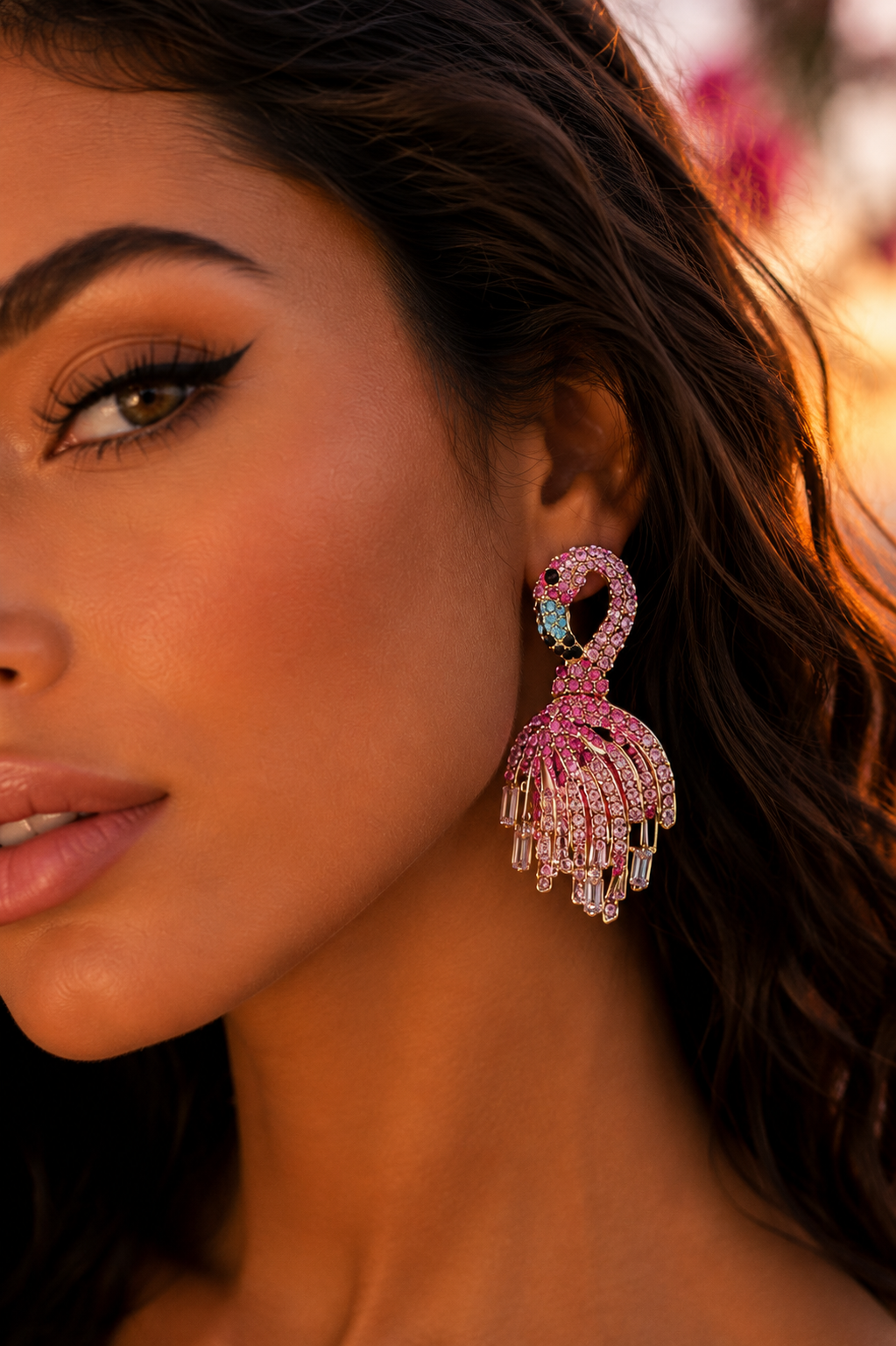 Pink Crystals Dream Tropical Flamingo Earrings
