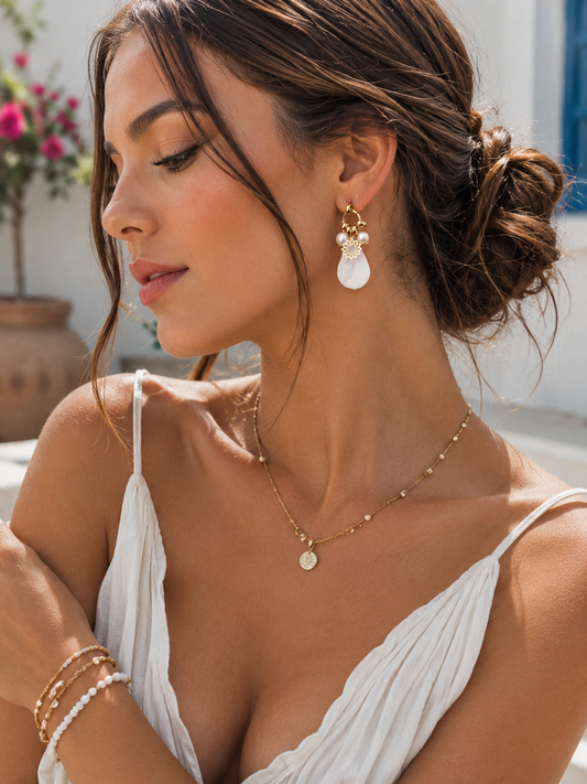 Gold Plated Earrings with Pearl and Flower Pendant