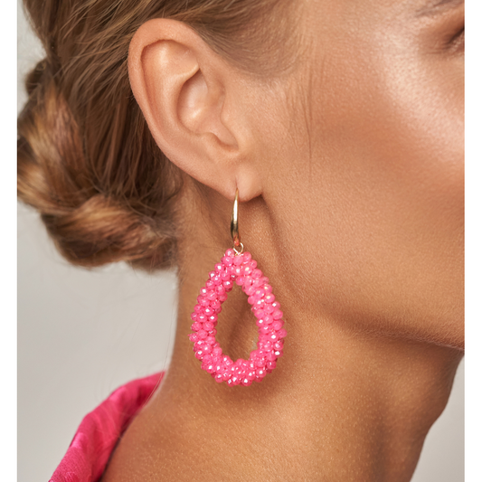 Sparkling Raspberry Pink Faceted Glass Teardrop Crystal Earrings