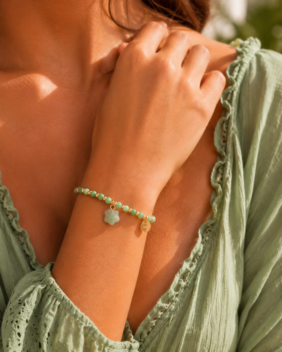 14k Gold Plated  Bracelet with Aventurine Clover Natural Stone