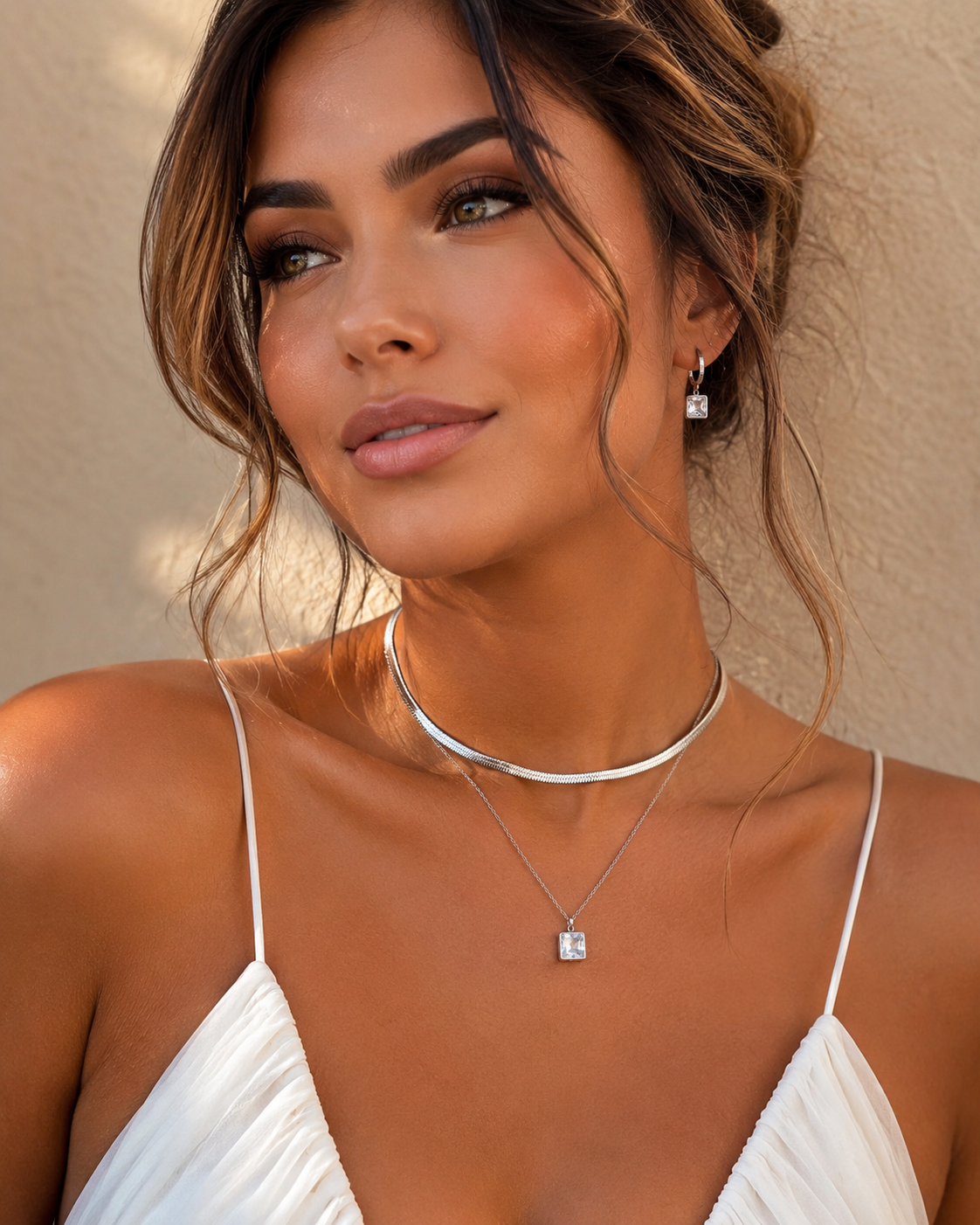 Silver Double Chain Necklace with Square Pendant
