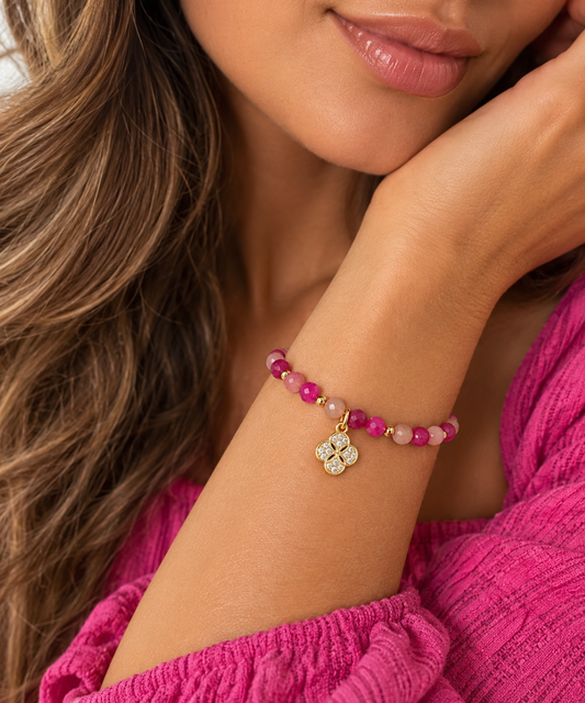 Pink Quartz Stones Bracelet with Crystal Clover Pendant