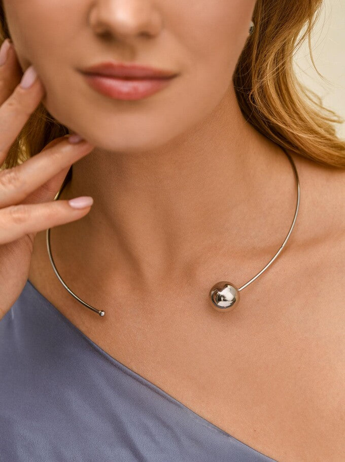 Silver Open Cuff Necklace with Large and Small Balls