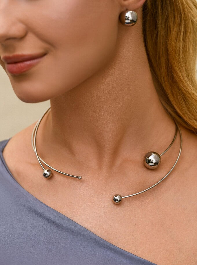 Silver Open Cuff Necklace with Large and Small Balls