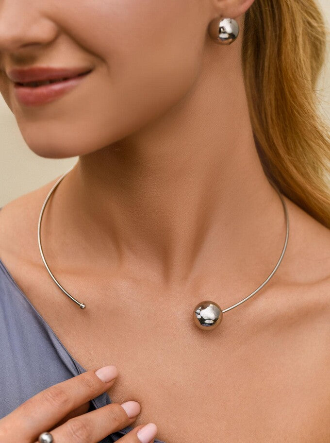 Silver Open Cuff Necklace with Large and Small Balls