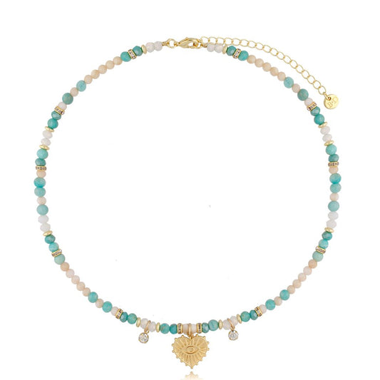 White and Turquoise Necklace with Heart Evil Eye Pendant