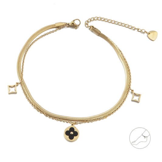 14k Gold Plated Double Chain Anklet with Clover and Lily Flowers