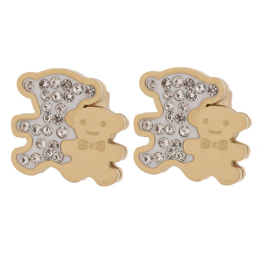 Gold Plated Stainless Steel Two Bears and Rhinestone Earrings