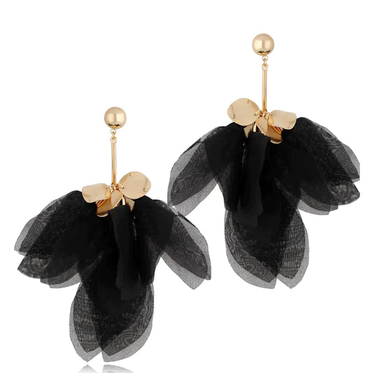 Black Drop Silk Flower Earrings