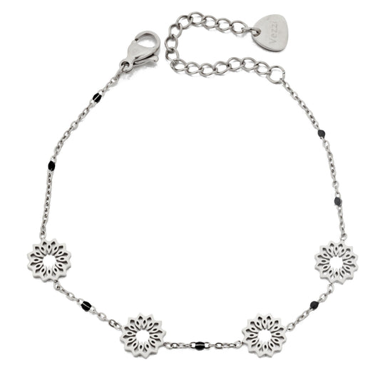 Silver Flowers and Black Beaded Bracelet