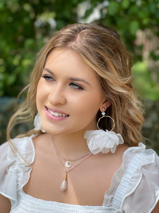 Flower White Silk Hoop Earrings with Gold Finishing