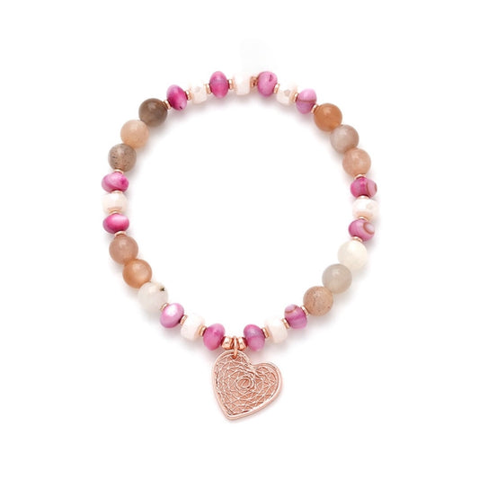 Rose Gold Heart Bracelet with Natural Sun Stone & Shell