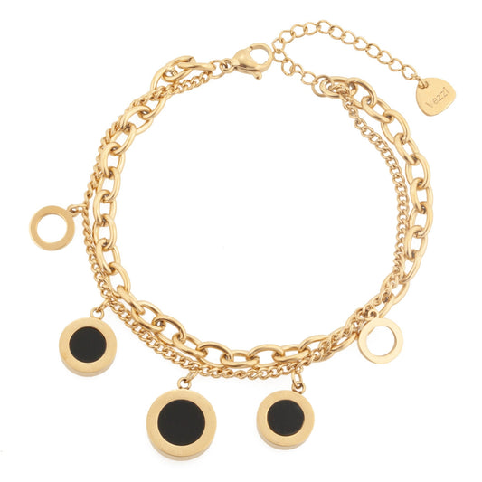 Double Chain Bracelet with Open and Black Enamel Circle Pendants