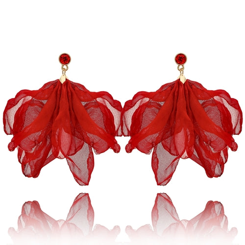 Wine Red Silk Flower Earrings with Red Crystal