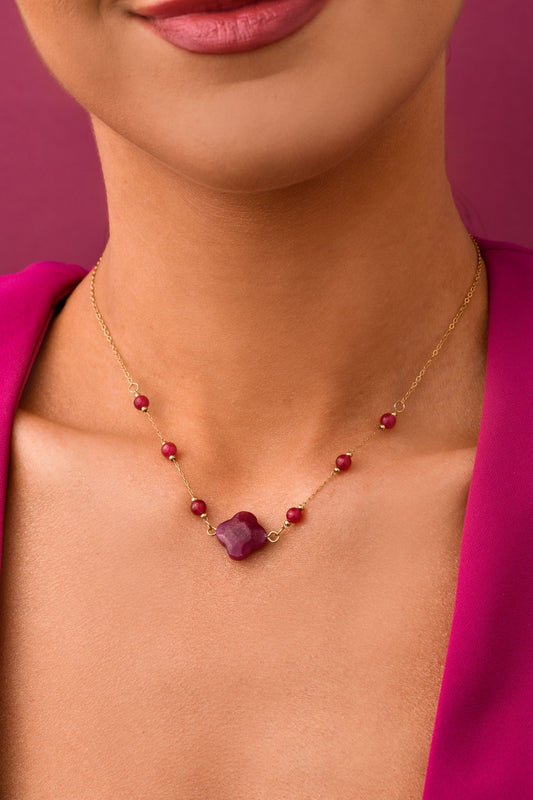 14k Gold Plated Fuchsia Agate Clover Necklace