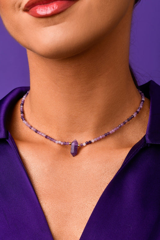 Amethyst Small Stones Choker with Amethyst Natural Stone Pendant